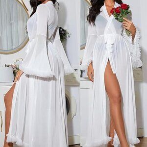 Women's Ruffle Trim Long Sleeve Belted Sheer Mesh Wedding‎ Bride Robe Nightgown